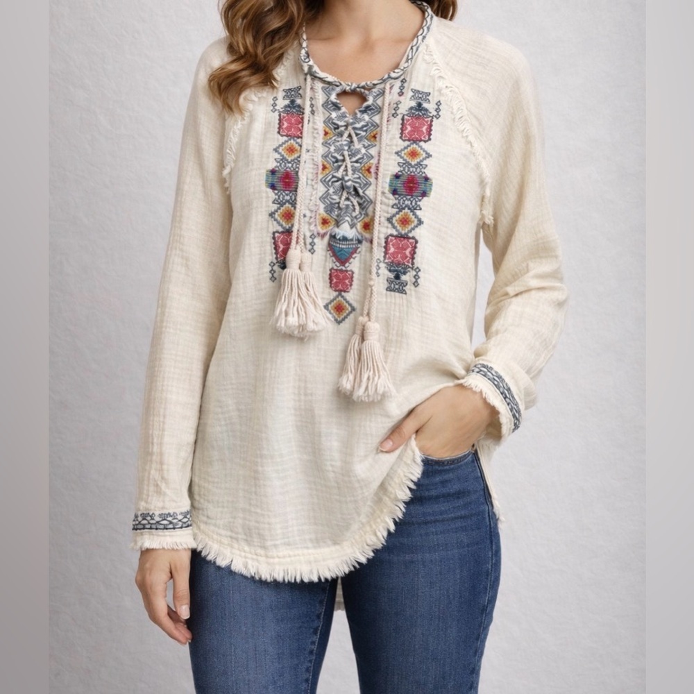 Johnny Was Blouse Embroidery Floral Top Biya Boho Gauze Tassel Shirt Resort